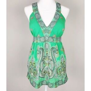 INC International Concepts Top Women's Medium Green Paisley Tunic Keyhole Back